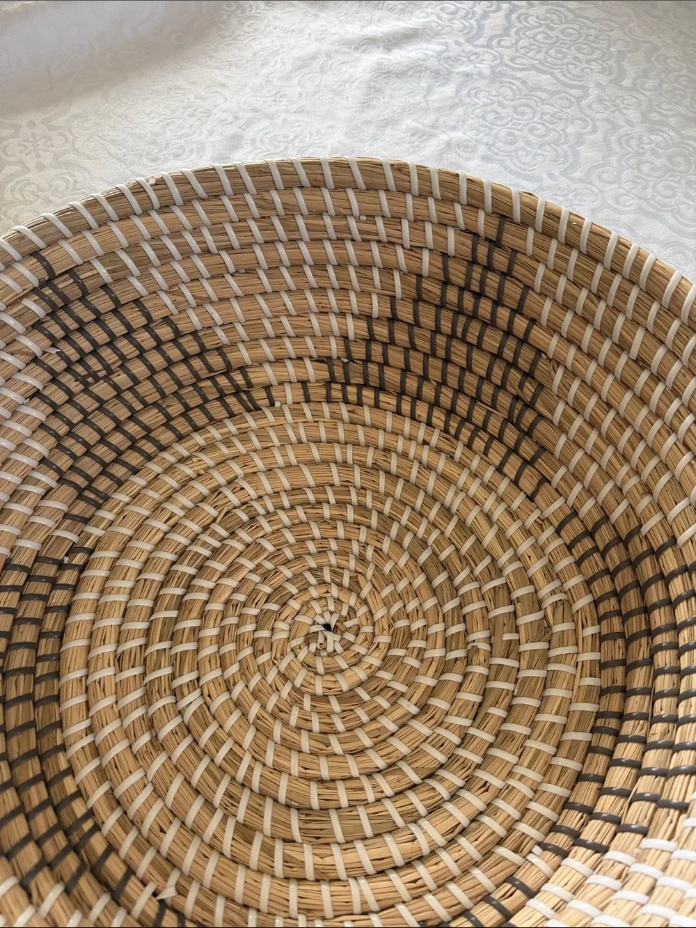 Natural Woven Basket Bowl - Tan, white & gray